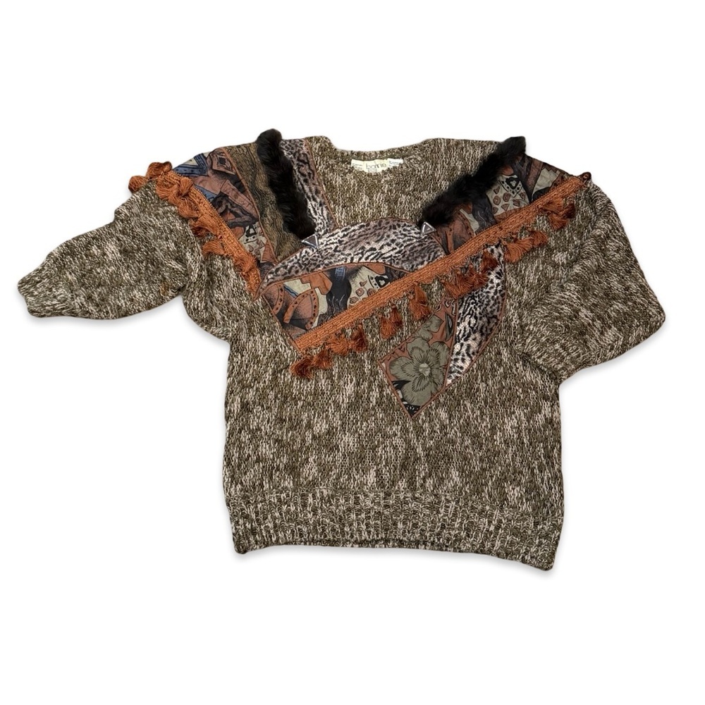 BONNIE and BILL 80’s Sweater Tan‎ Brown Graphic Crewneck Sweater M